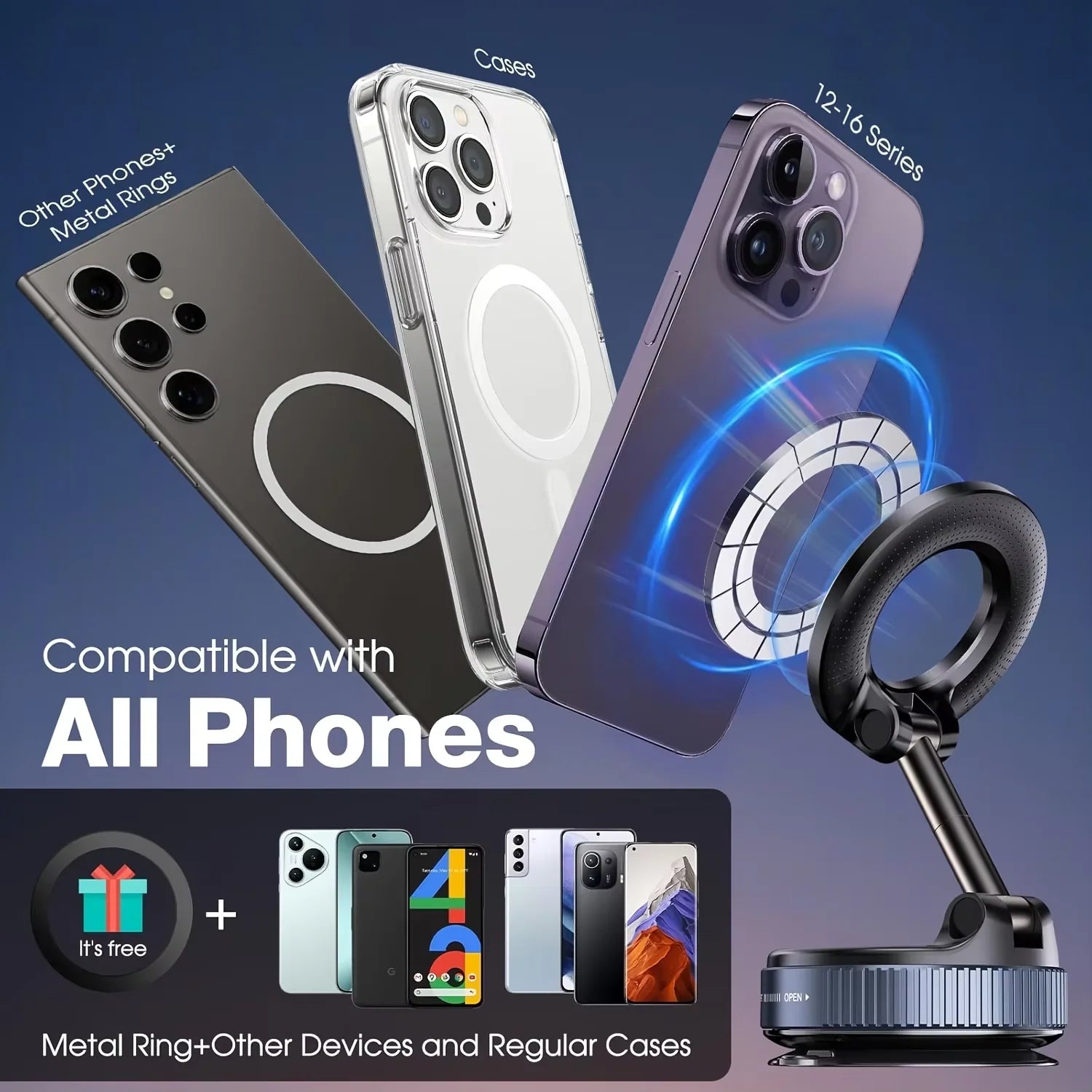 Phone cases and metal ring compatible with various devices on a blue gradient background