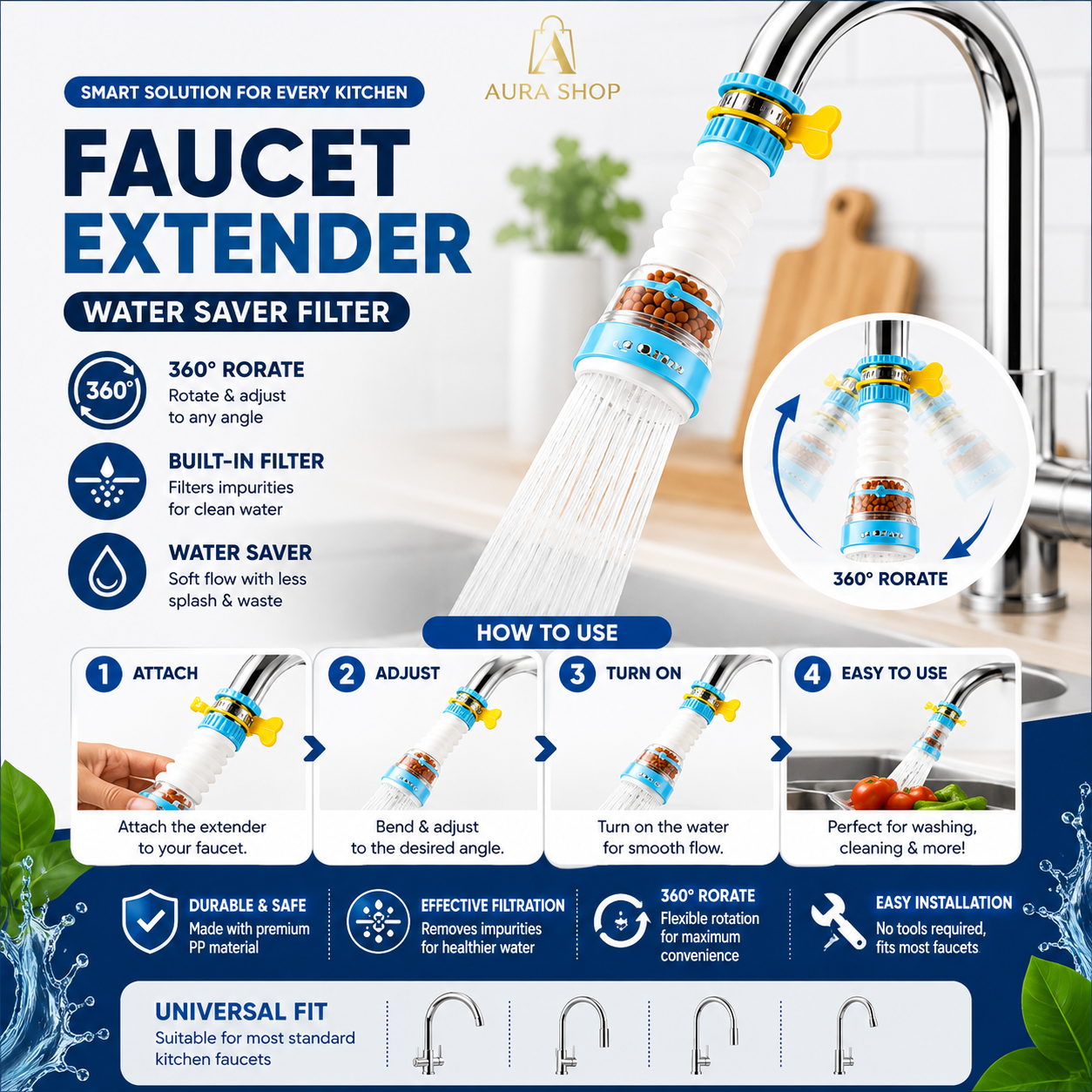 Pack of 2 - 360° Rotating Faucet Extender with Filter