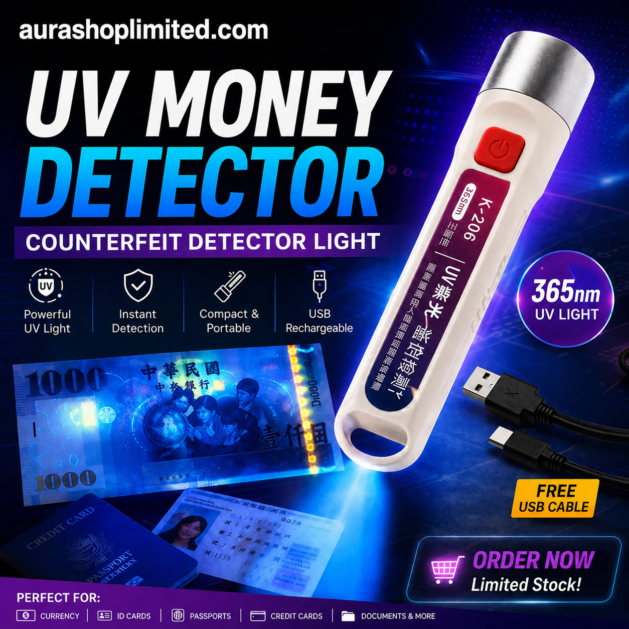 Handheld UV Money Detector | 365nm Rechargeable Counterfeit Note Checker