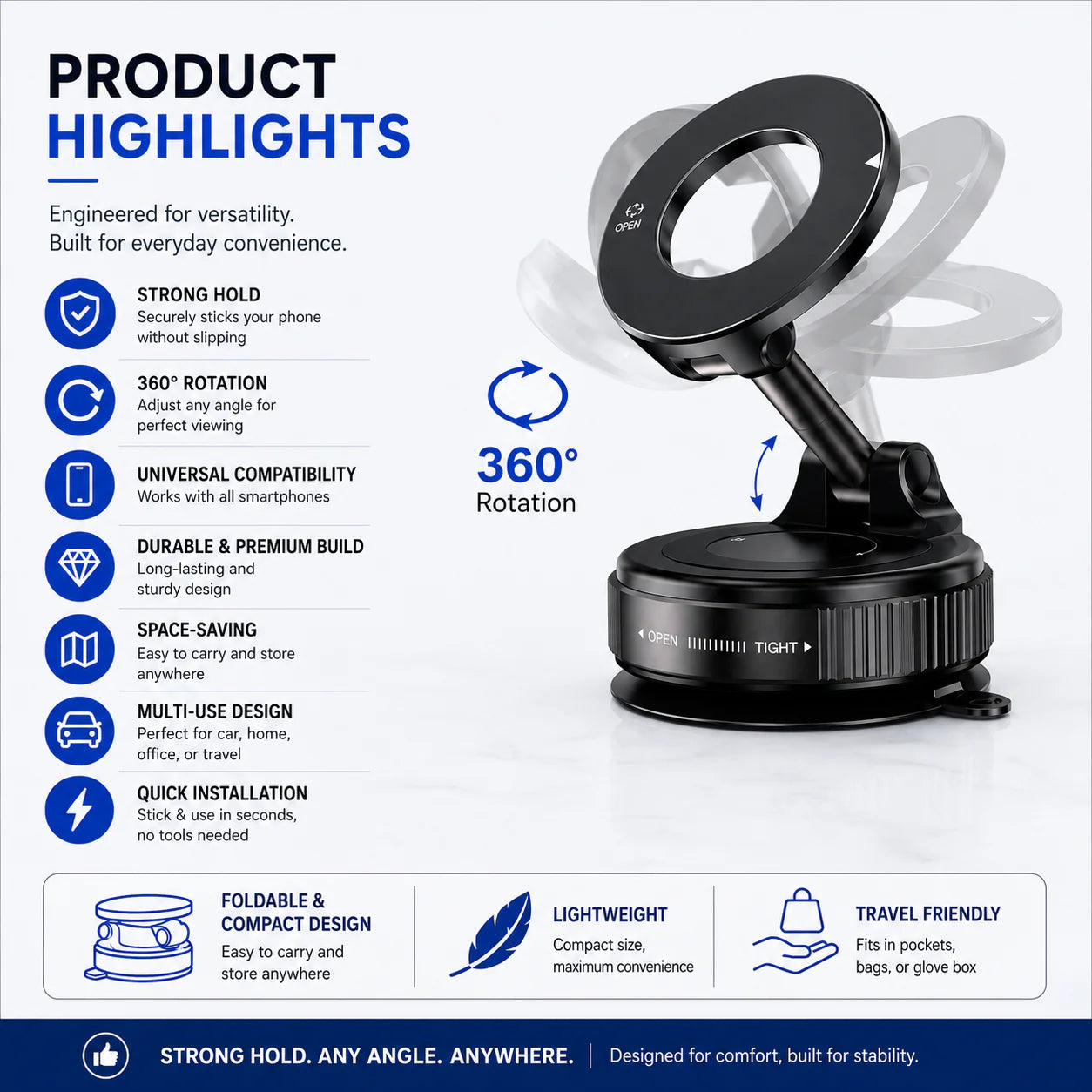 360 degree magnetic car phone holder with suction base