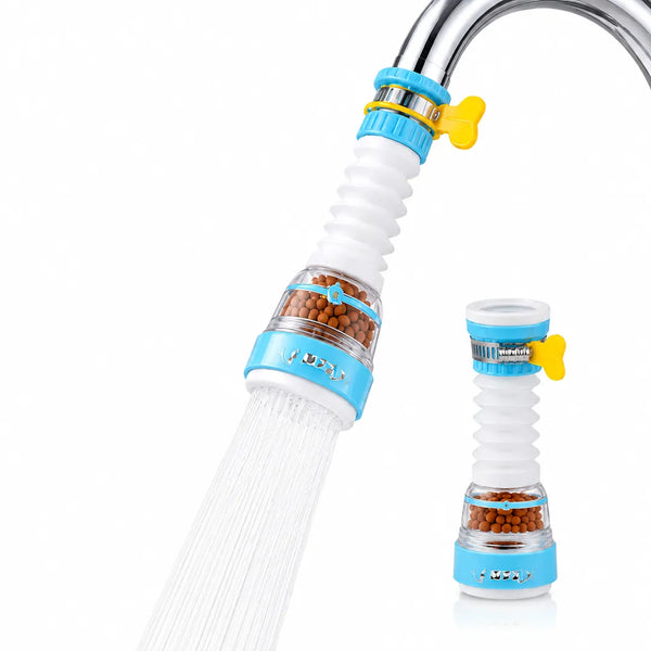 Faucet filter with blue and yellow accents on a white background